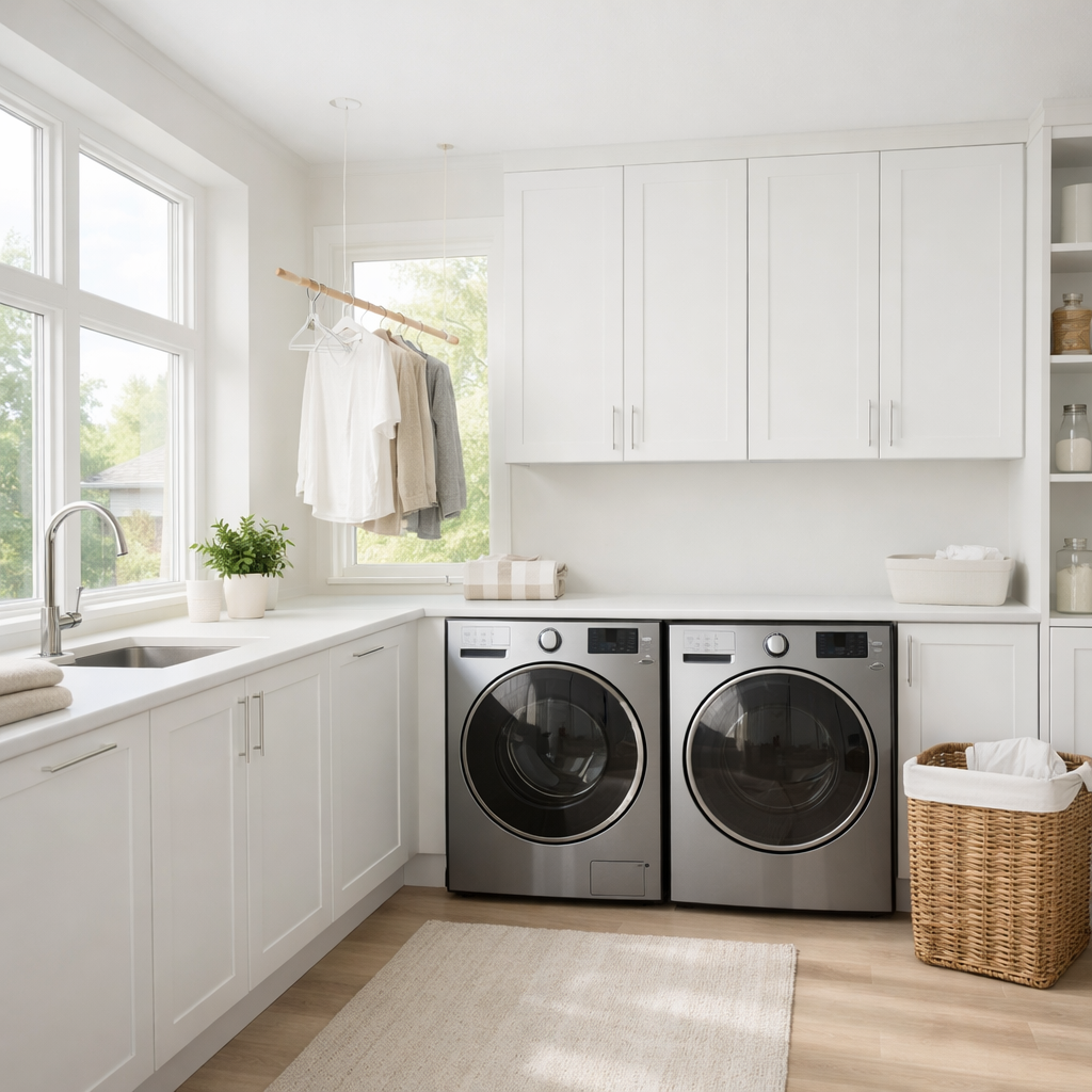 Bright and airy laundry room with large windows, white cabinetry, and stainless steel appliances