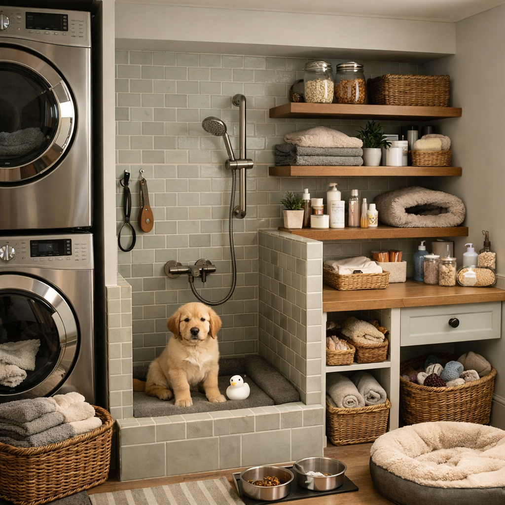 Cozy laundry room with a pet care nook featuring a dog in a wash area, shelves, and organized pet supplies.