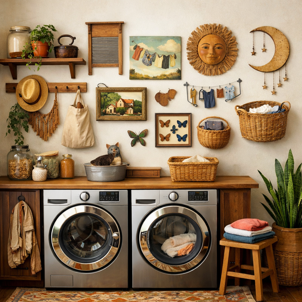 A cozy laundry room with creative wall art and decor, including paintings, woven baskets, and plants.