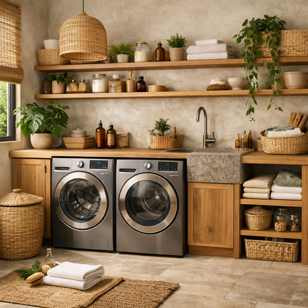 A well-designed eco-friendly laundry room with modern machines and natural decor.