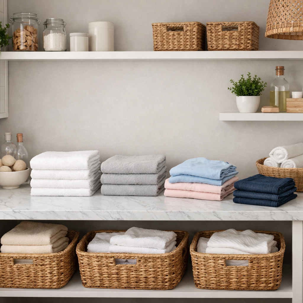 A tidy folding station in a laundry room with neatly stacked towels and organized baskets.