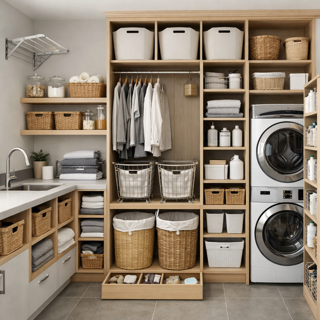 A neatly organized laundry room with shelves for storage, baskets, and appliances.