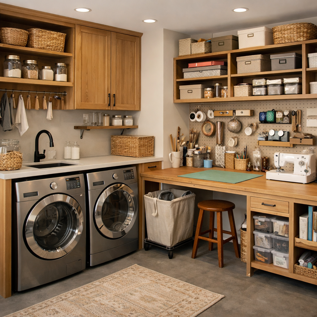 A stylish multipurpose laundry room featuring modern appliances, warm wooden cabinetry, and a workspace with organized storage options.