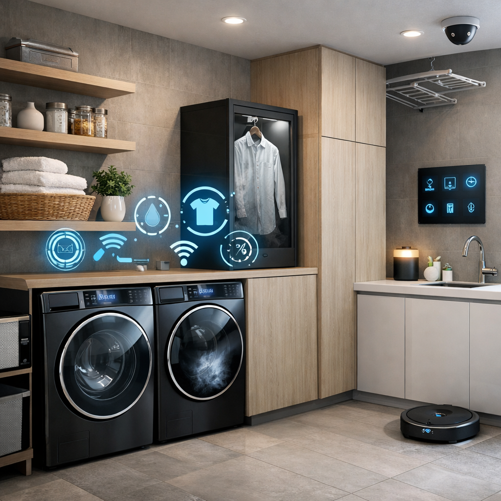 A modern laundry room featuring smart technology appliances, showcasing a washing machine and dryer with digital control panels, a smart dryer, and a robot vacuum.
