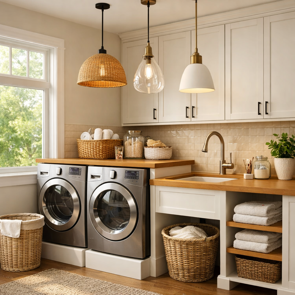 Stylish laundry room with modern fixtures and warm lighting.