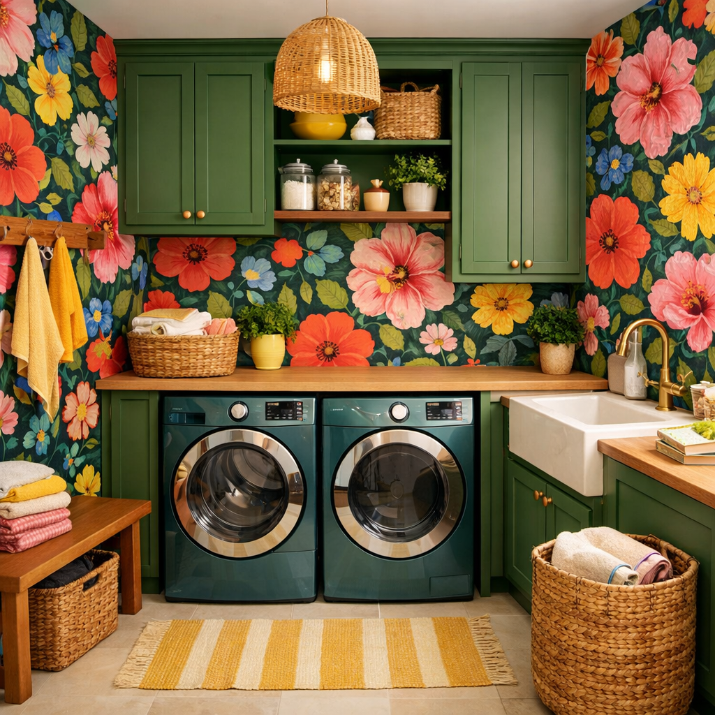 A colorful laundry room featuring bold floral wallpaper, deep green cabinets, and natural wood elements.