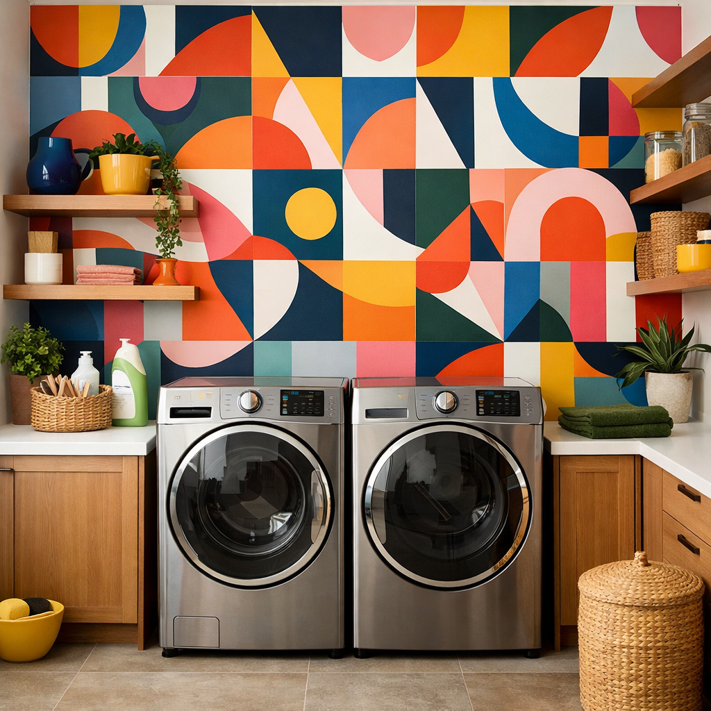 Laundry room with bold geometric patterned wallpaper, showcasing vibrant colors and large shapes.