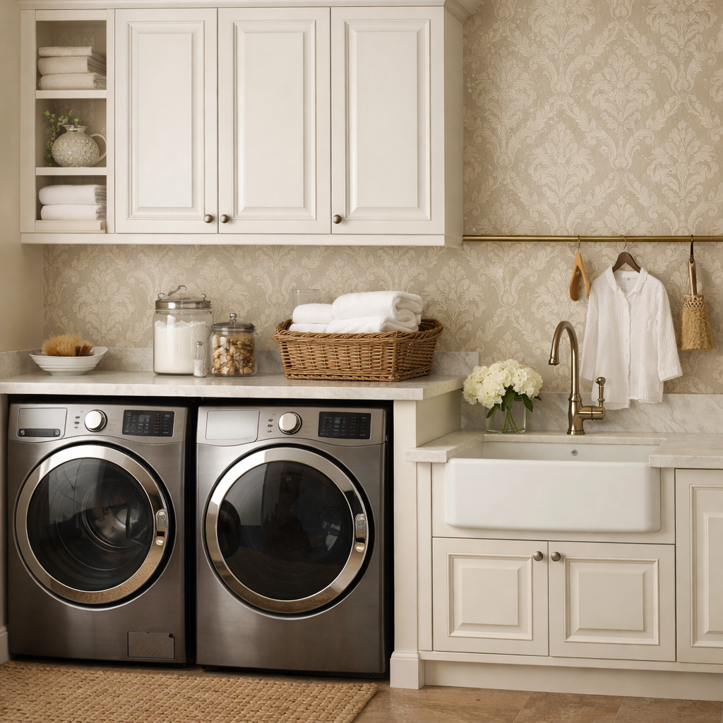 Laundry room with classic damask wallpaper, white cabinetry, and modern appliances.