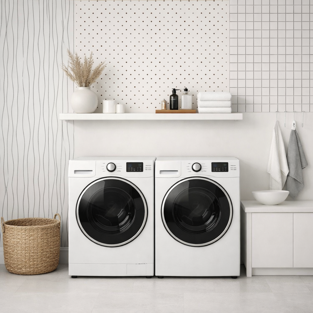 Minimalist laundry room with monochrome wallpaper, modern appliances, and organized shelves.