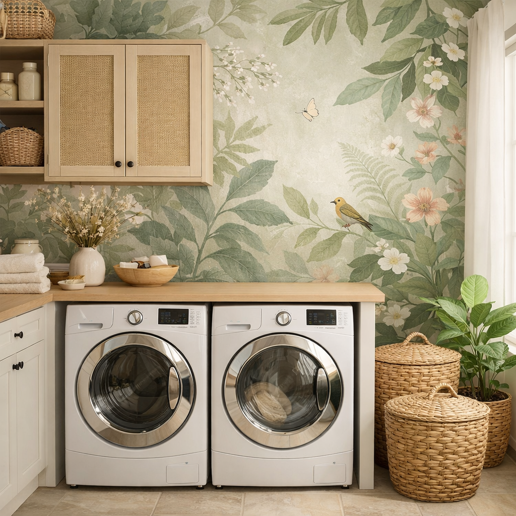 Nature-inspired laundry room wallpaper with leaves, flowers, a bird, and a butterfly.