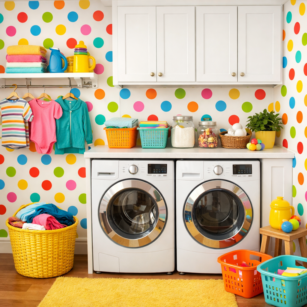 A colorful laundry room with playful polka dot wallpaper, organized shelves, and vibrant baskets.