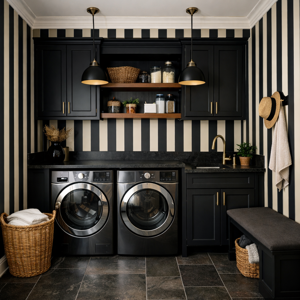 A modern laundry room featuring black and cream striped wallpaper, stylish black cabinets, and sleek silver appliances.