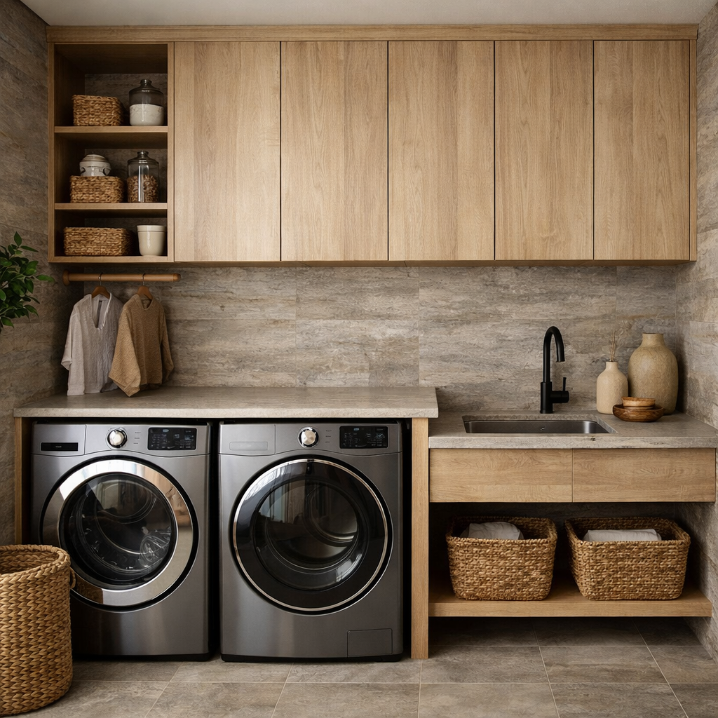 Laundry room featuring textured faux finishes on the walls with modern appliances and wooden cabinetry.