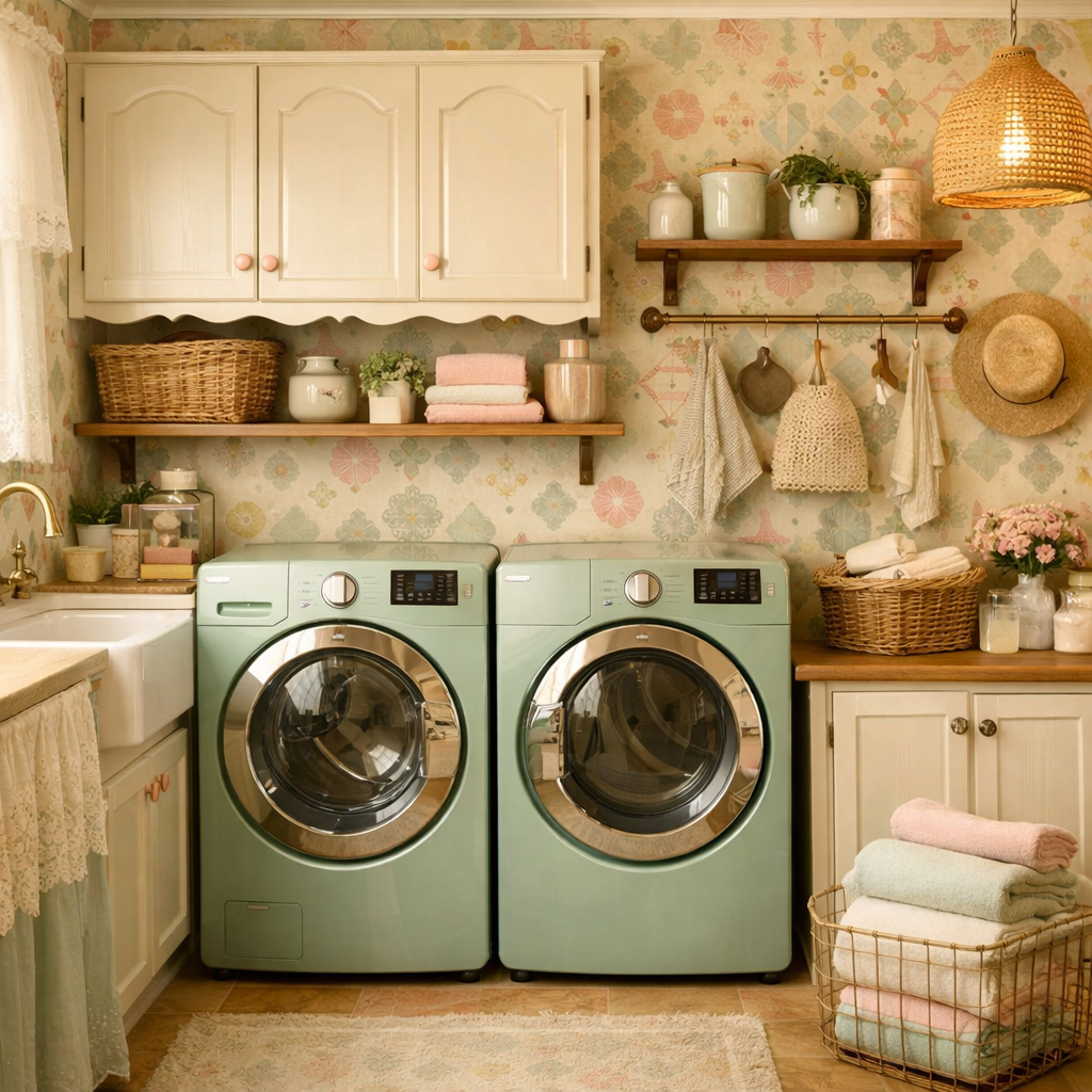 A stylish laundry room featuring vintage wallpaper and mint green washing machines.