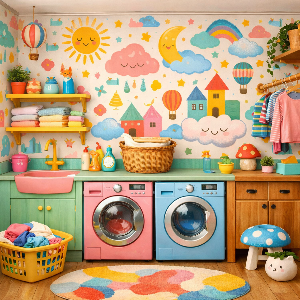 A colorful laundry room with whimsical illustrations on the walls, showcasing playful clouds, suns, hot air balloons, and cute houses.
