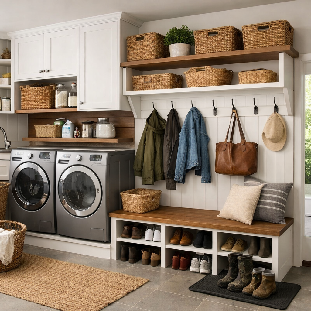A stylish and organized laundry room featuring dual washing machines, shelves with baskets, a bench with shoe storage, and hooks for outerwear.