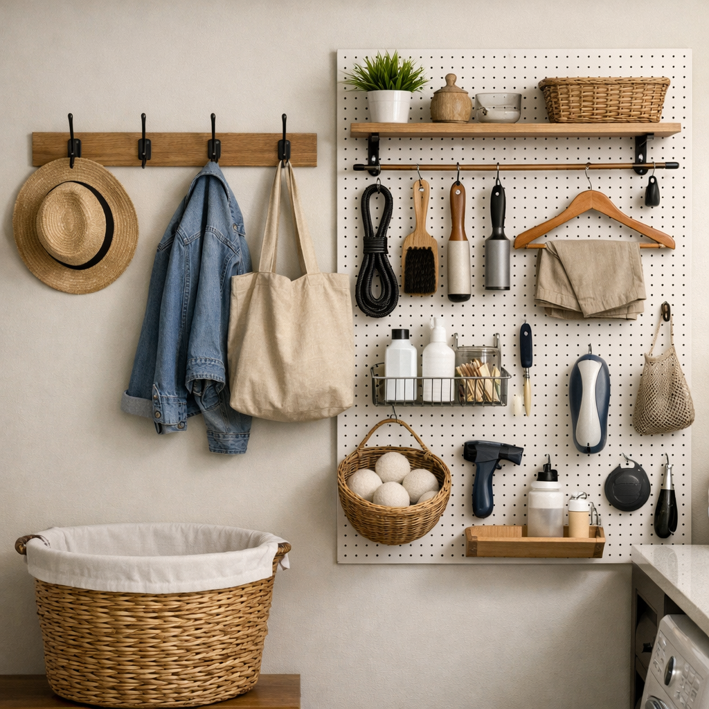 A laundry room with hooks and pegboards displaying organized items.