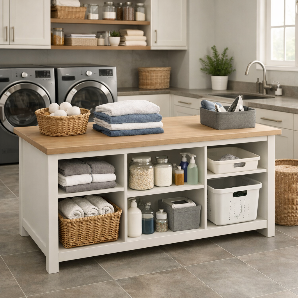 A bright laundry room featuring a designated folding area with storage, including baskets, jars, and neatly folded towels.