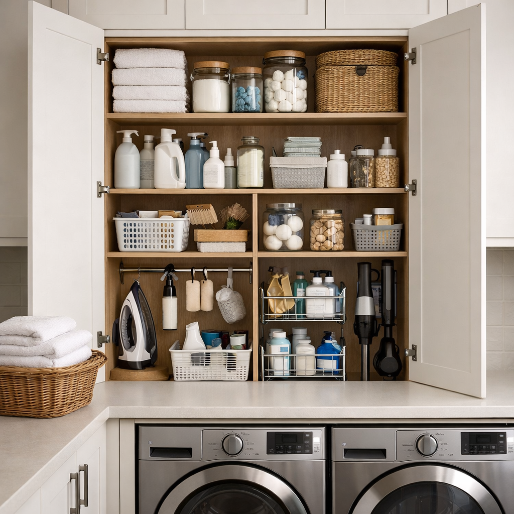 A well-organized laundry room cabinet showing neatly stacked towels, jars with laundry supplies, and woven baskets.