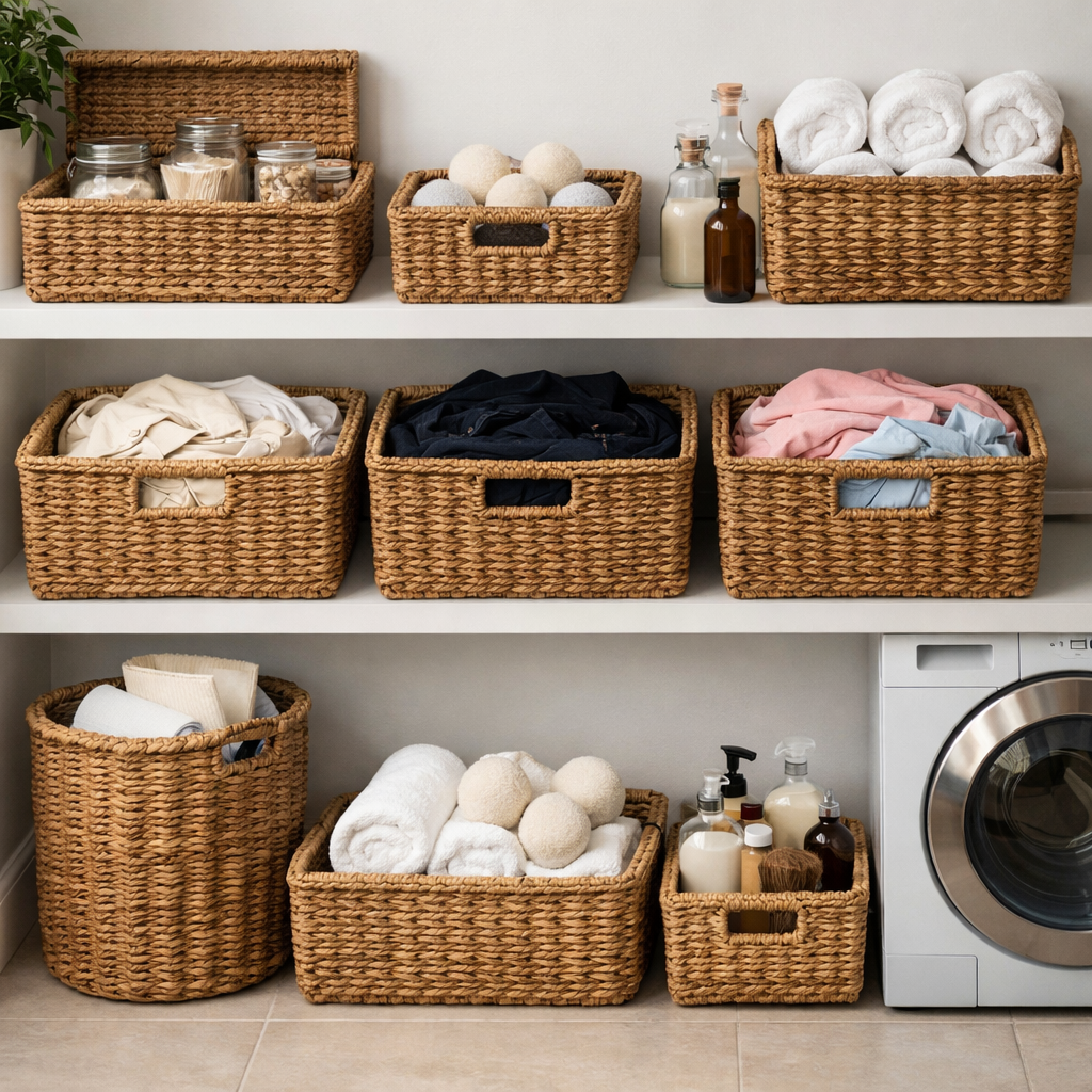 A tidy laundry room featuring various woven baskets on shelves, holding items like towels, laundry, and cleaning supplies.