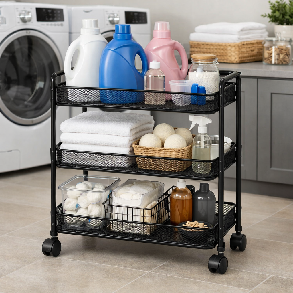 A mobile cart in a laundry room filled with detergent bottles, towels, and cleaning supplies.
