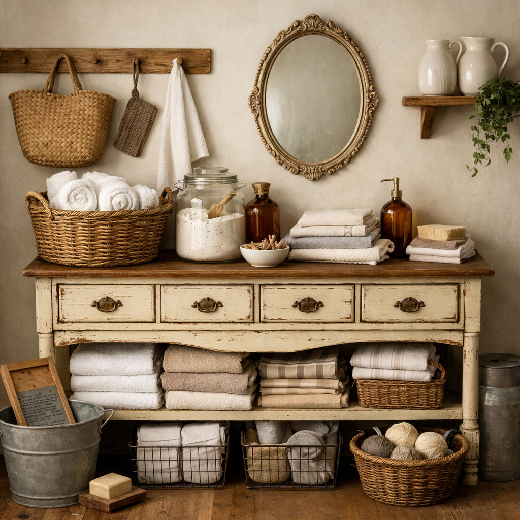 A beautifully arranged vintage dresser in a laundry room with storage baskets, folded towels, and jars