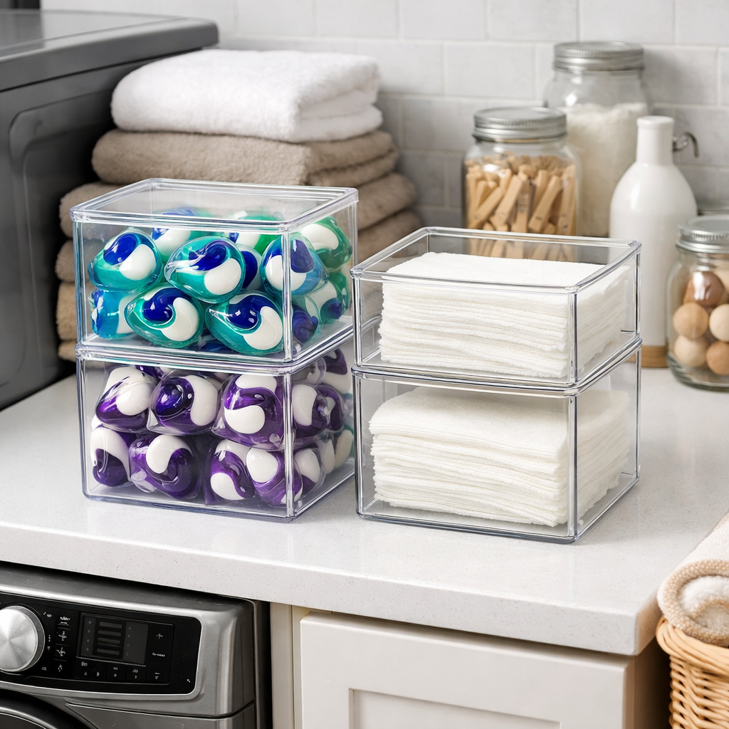 Clear stackable containers in a laundry room holding laundry pods and dryer sheets.