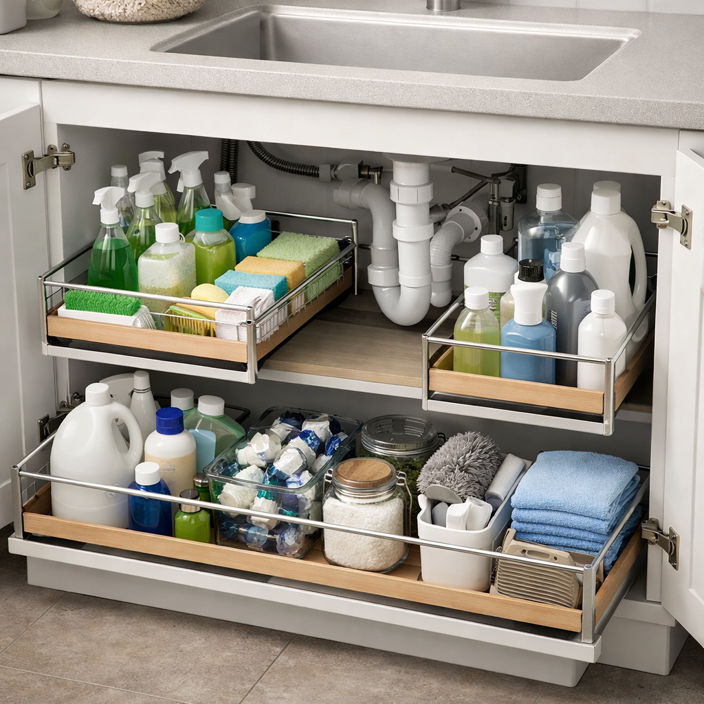 Organized under-sink storage with laundry supplies in baskets and containers