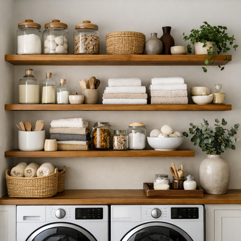 Stylish laundry room with open wooden shelves displaying jars, towels, and baskets.