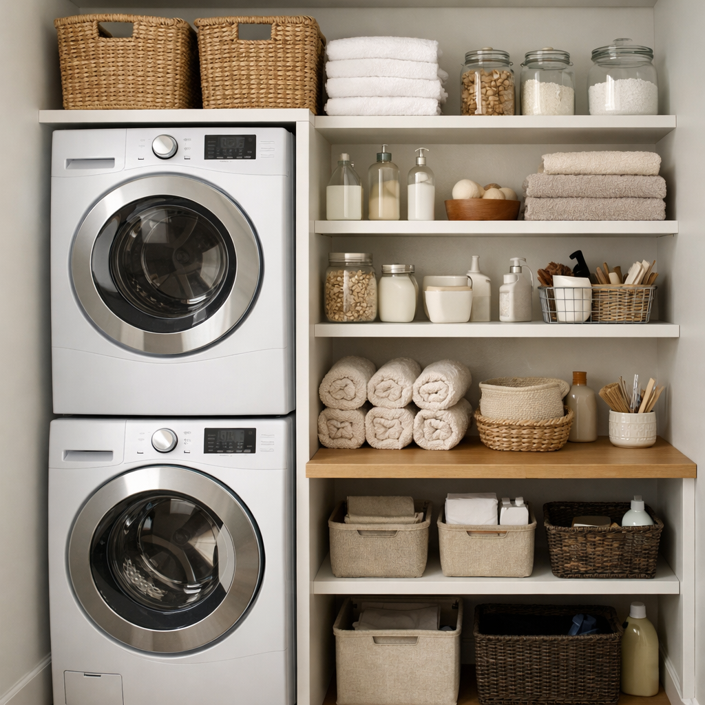 Compact laundry room with stacked washer and dryer, organized shelves, and woven storage baskets.