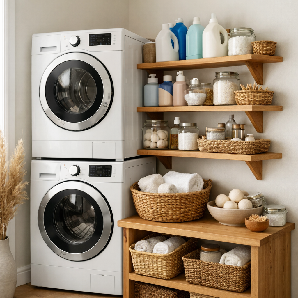 A cozy laundry room featuring stacked washers and organized shelves with laundry supplies.