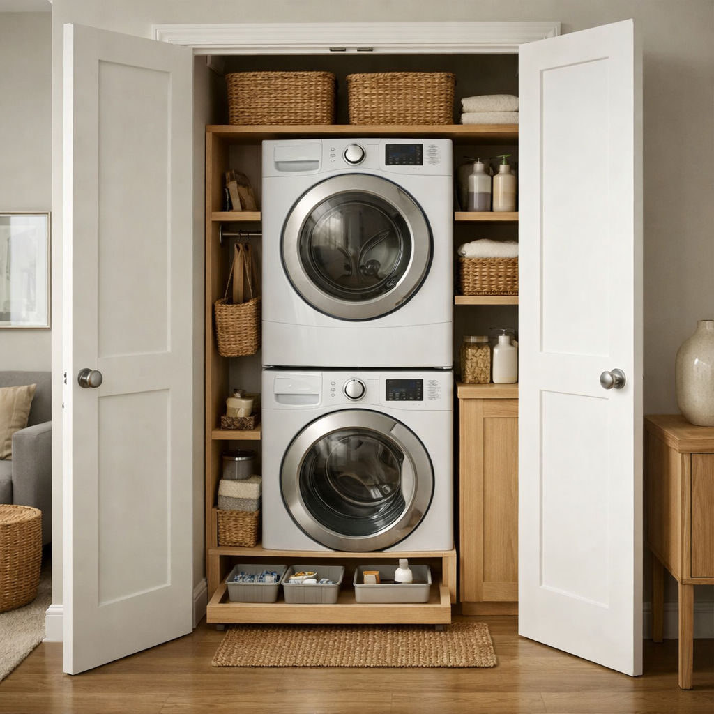 A compact laundry nook with stacked washer and dryer, surrounded by storage baskets and laundry supplies.