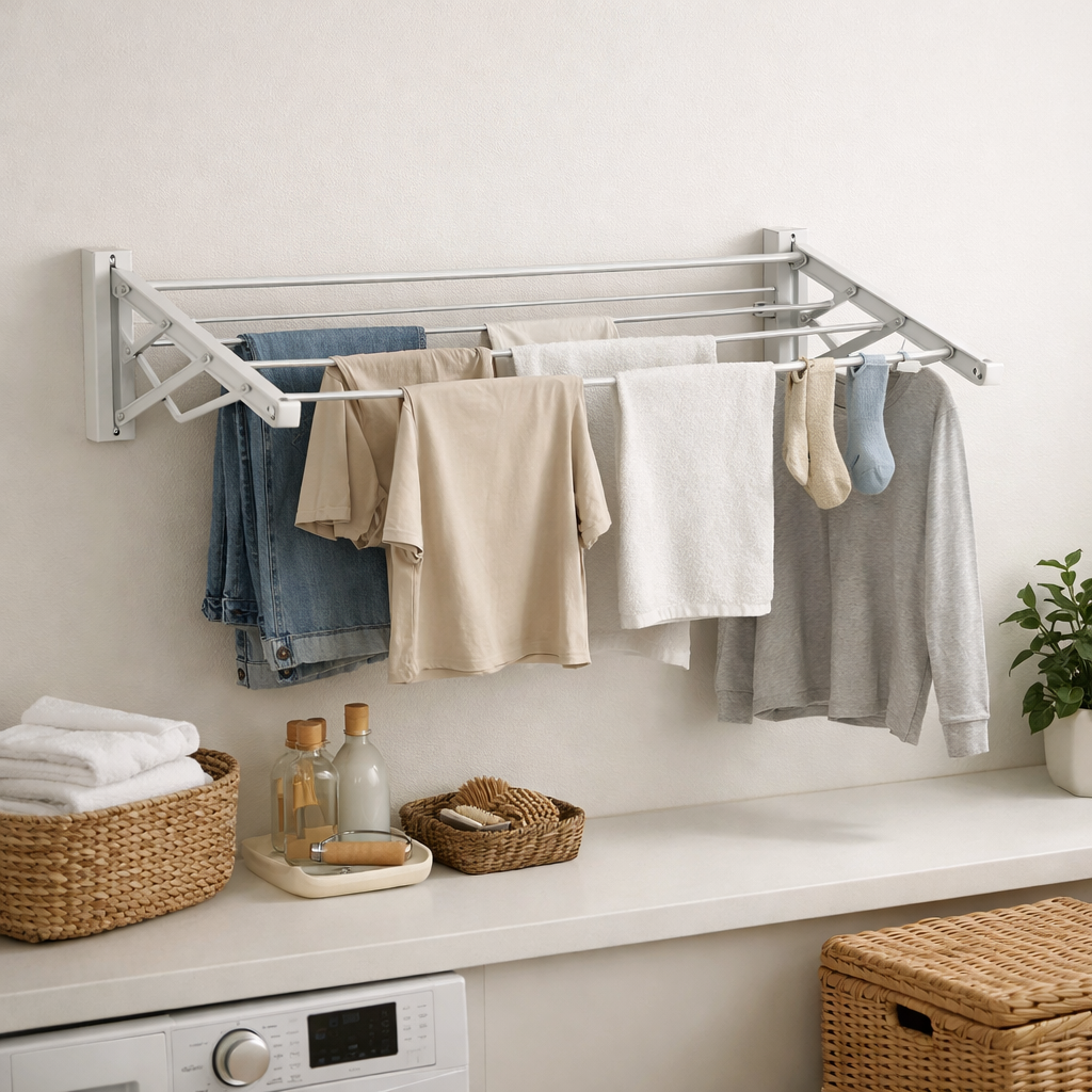 A wall-mounted drying rack with clothes and towels drying above a clean laundry countertop.