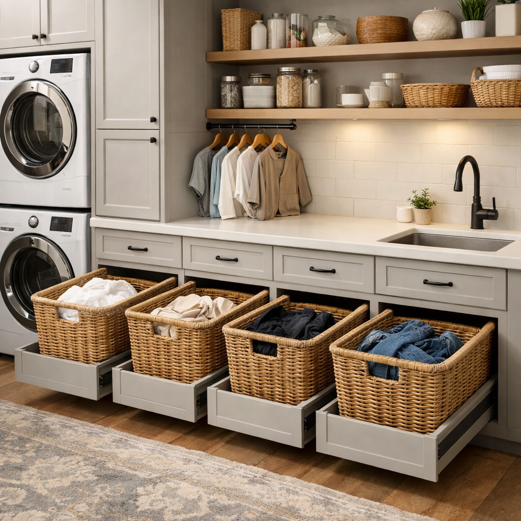 Stylish laundry room featuring top-loading washer and dryer, woven baskets in drawers, and organized shelving.