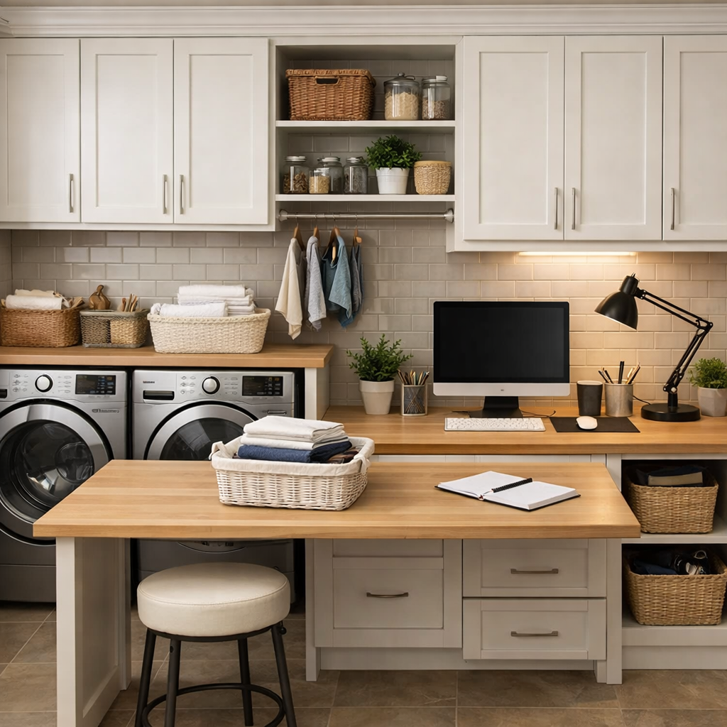 A stylish laundry room with top-loading washers, a workspace, and organized storage.