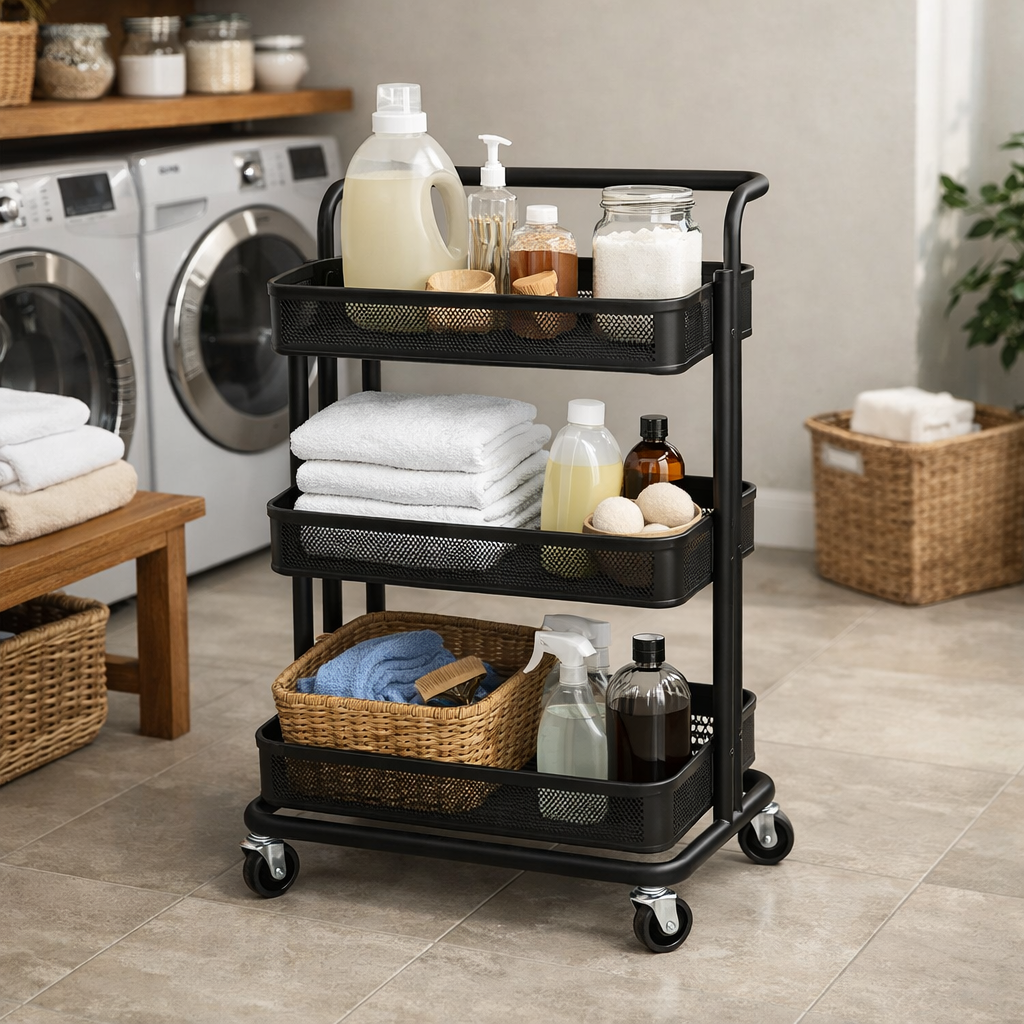 A black rolling cart filled with laundry supplies in a small laundry room.