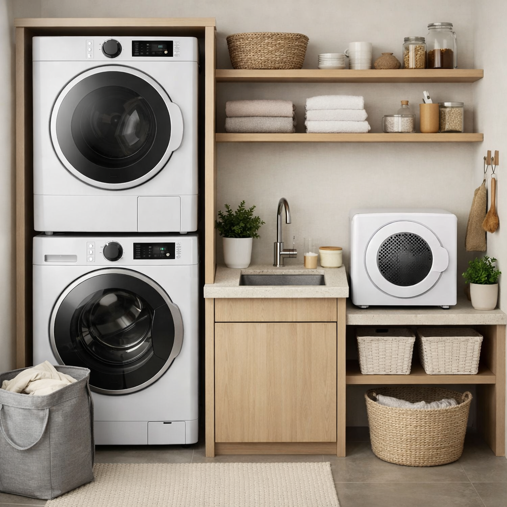 Compact laundry room featuring stacked washer and dryer, small sink, and organized storage.