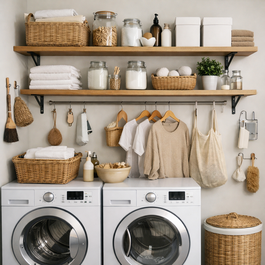 A nicely organized laundry room with vertical storage, featuring wooden shelves, baskets, and a top loader washer.