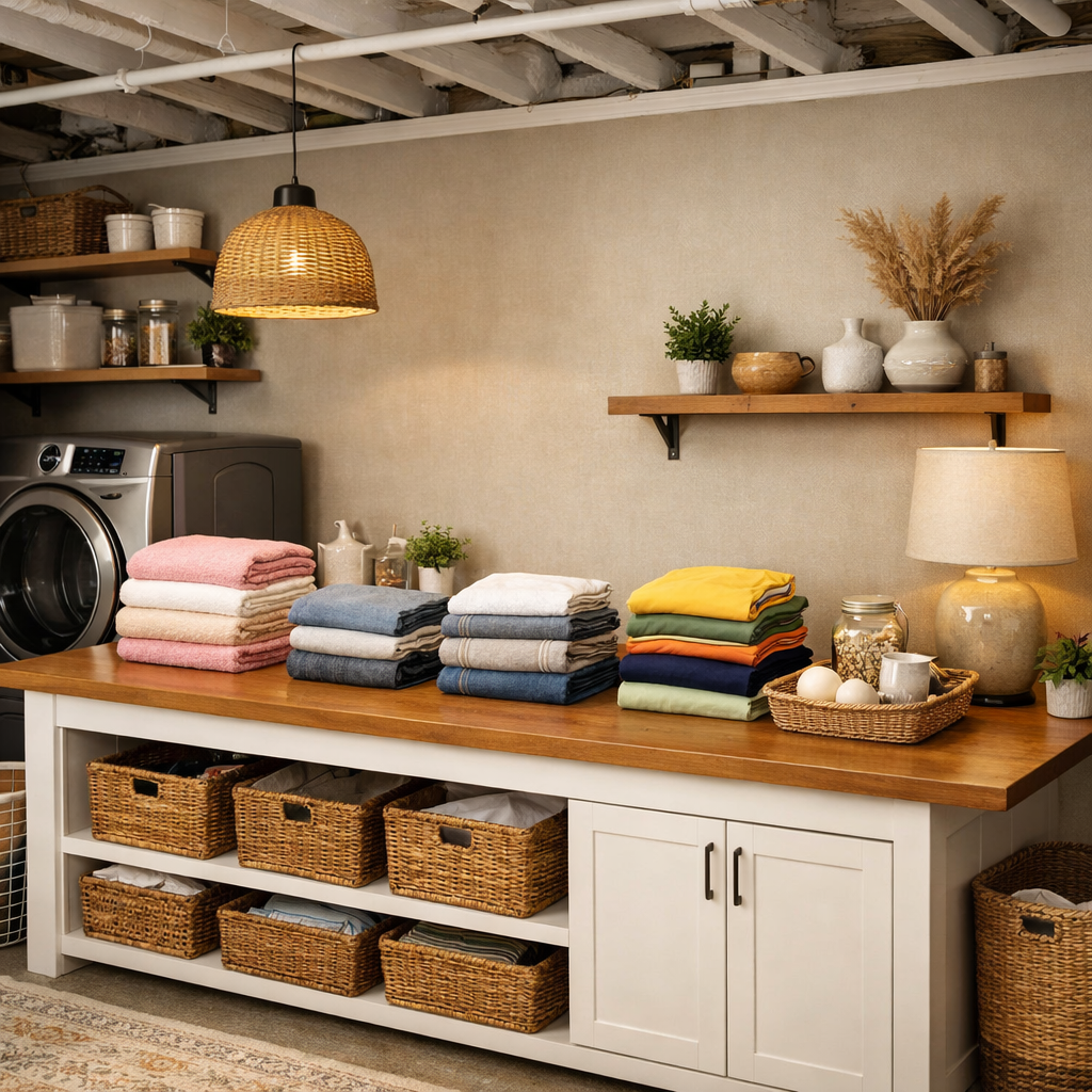 A cozy basement laundry room featuring a folding station with neatly stacked towels, a washer and dryer, and stylish storage baskets.