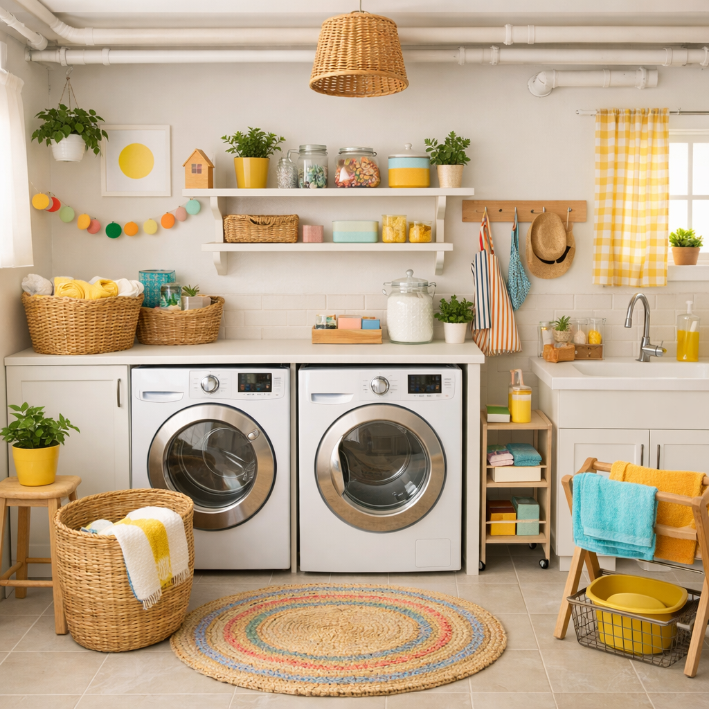Bright and cheerful basement laundry room with colorful decor and organized storage