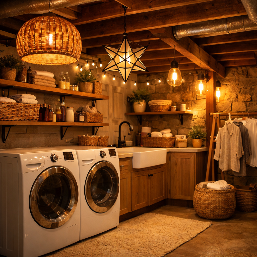 A cozy basement laundry room featuring stylish lighting options, including woven pendant lamps and string lights.