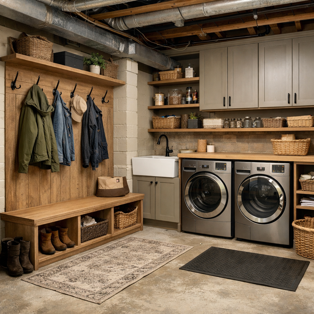 A well-organized basement laundry room featuring a wooden bench, washer/dryer combo, and stylish storage solutions.