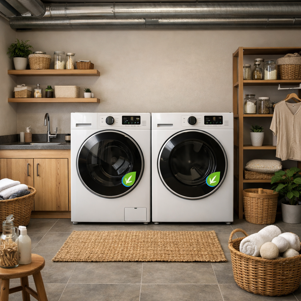 Energy-efficient laundry appliances in a stylish basement laundry room