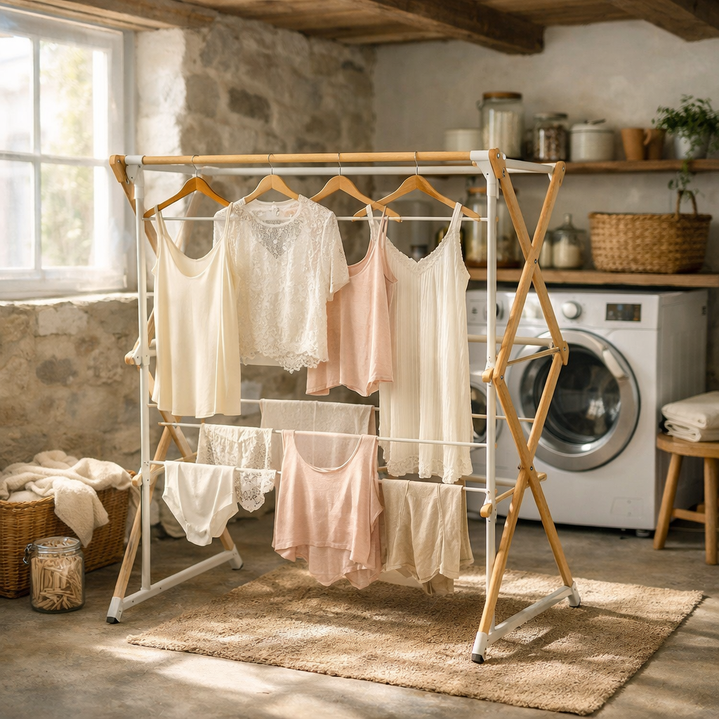 A drying rack in a laundry room displaying delicate clothing items.