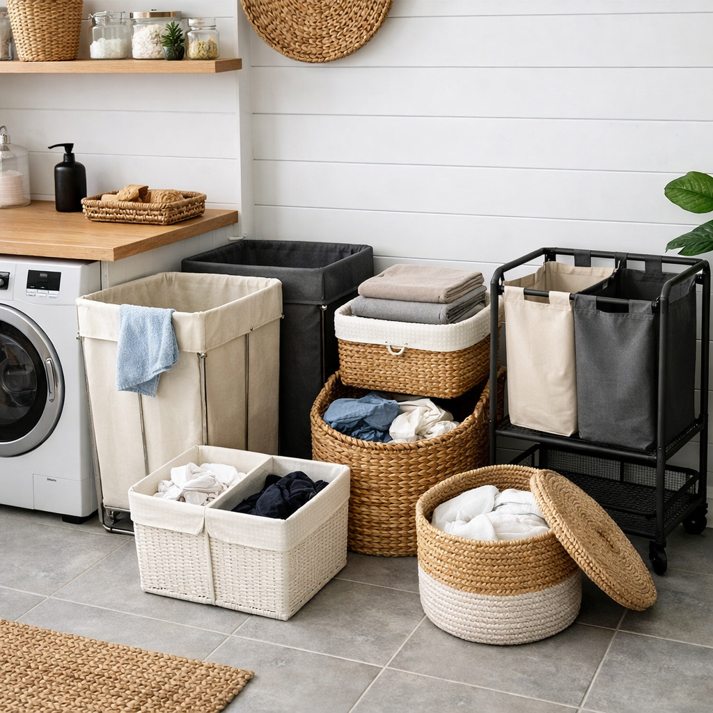 A beautifully organized basement laundry room with various functional laundry baskets.