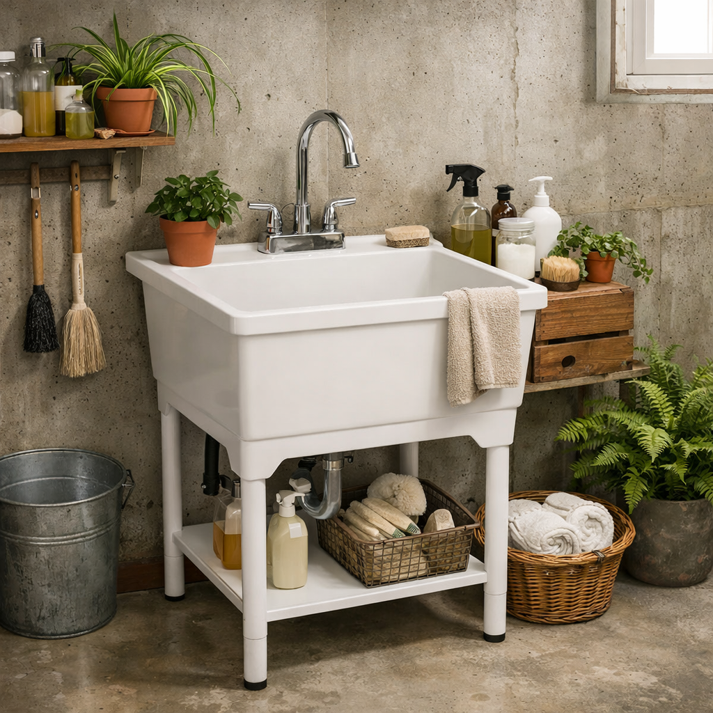 A bright basement laundry room featuring a utility sink surrounded by potted plants and cleaning supplies.