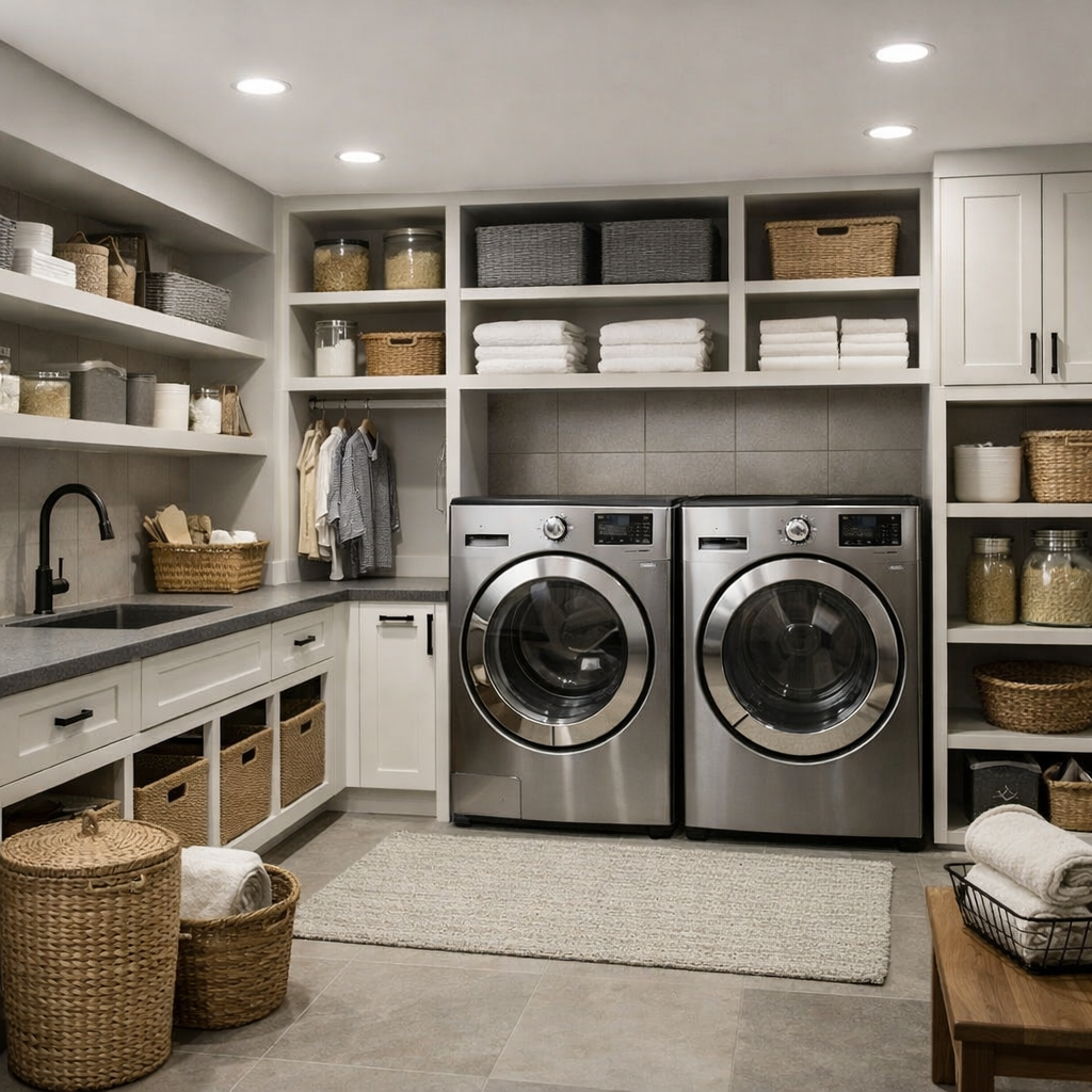 A stylish and organized basement laundry room with storage solutions.