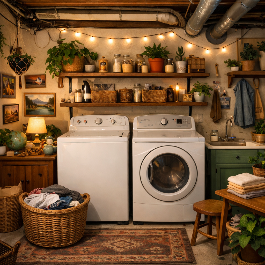 A beautifully decorated basement laundry room featuring white washing machines, plants, shelves, and cozy lighting.