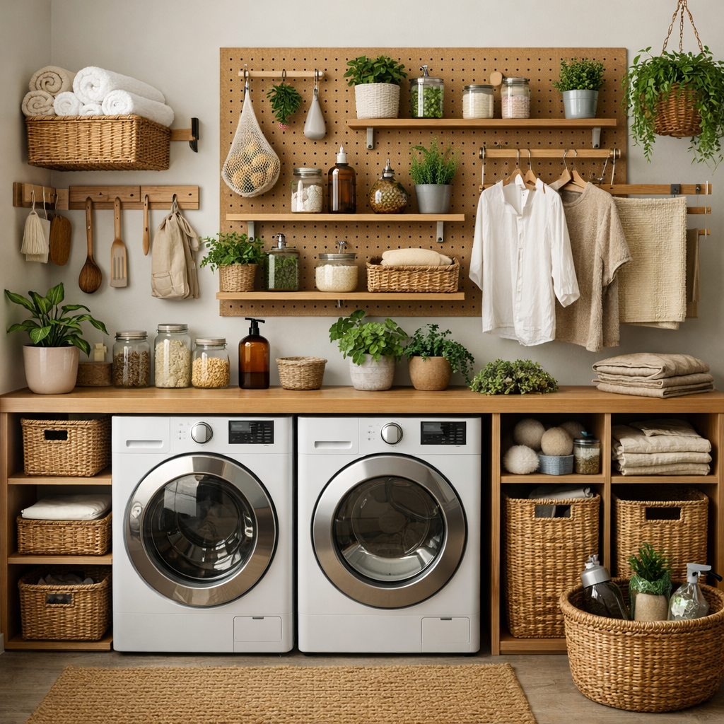 A stylish laundry room with wall storage ideas, featuring a pegboard, woven baskets, and plants.