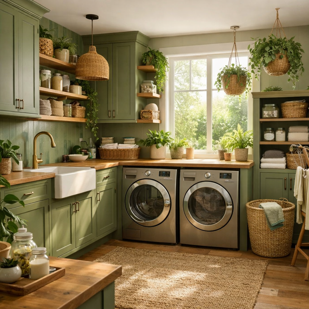 A beautiful eco-friendly laundry room with green cabinets, wooden counters, and plants.